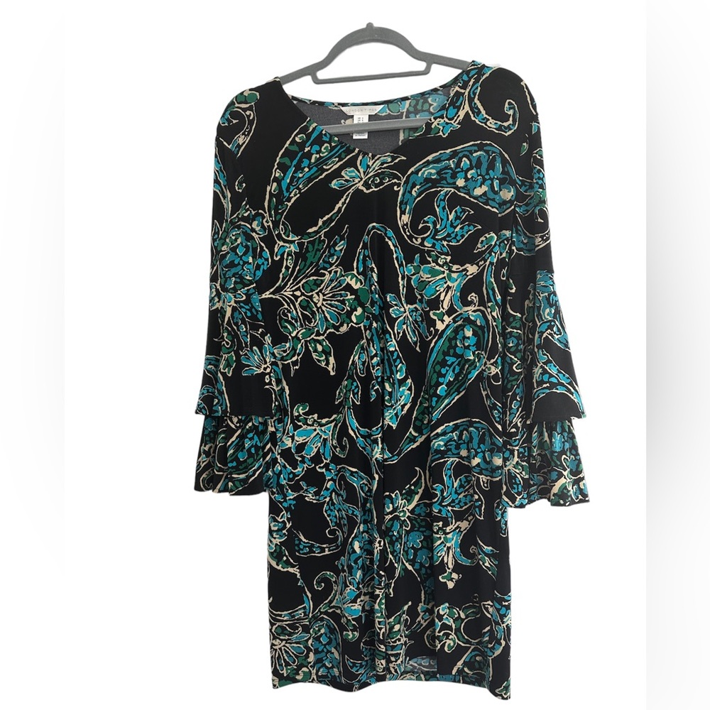 London Times Scoop Neck Blue and Green Paisley Shift Dress Size 4